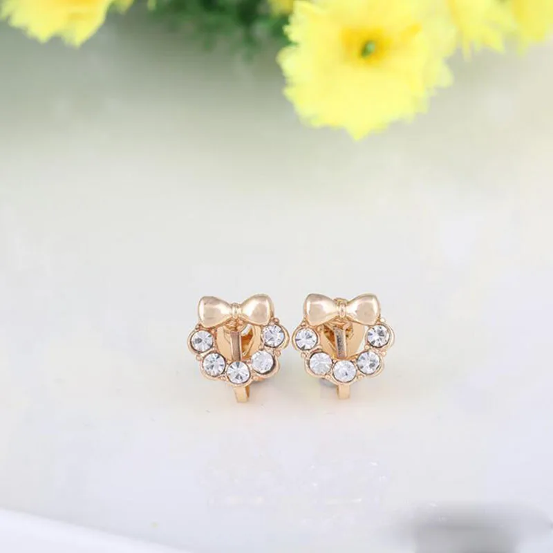 fashion cute bowknot full of rhinestone clip on earring cushions earrings for girls baby  without pierced ear clip korea style