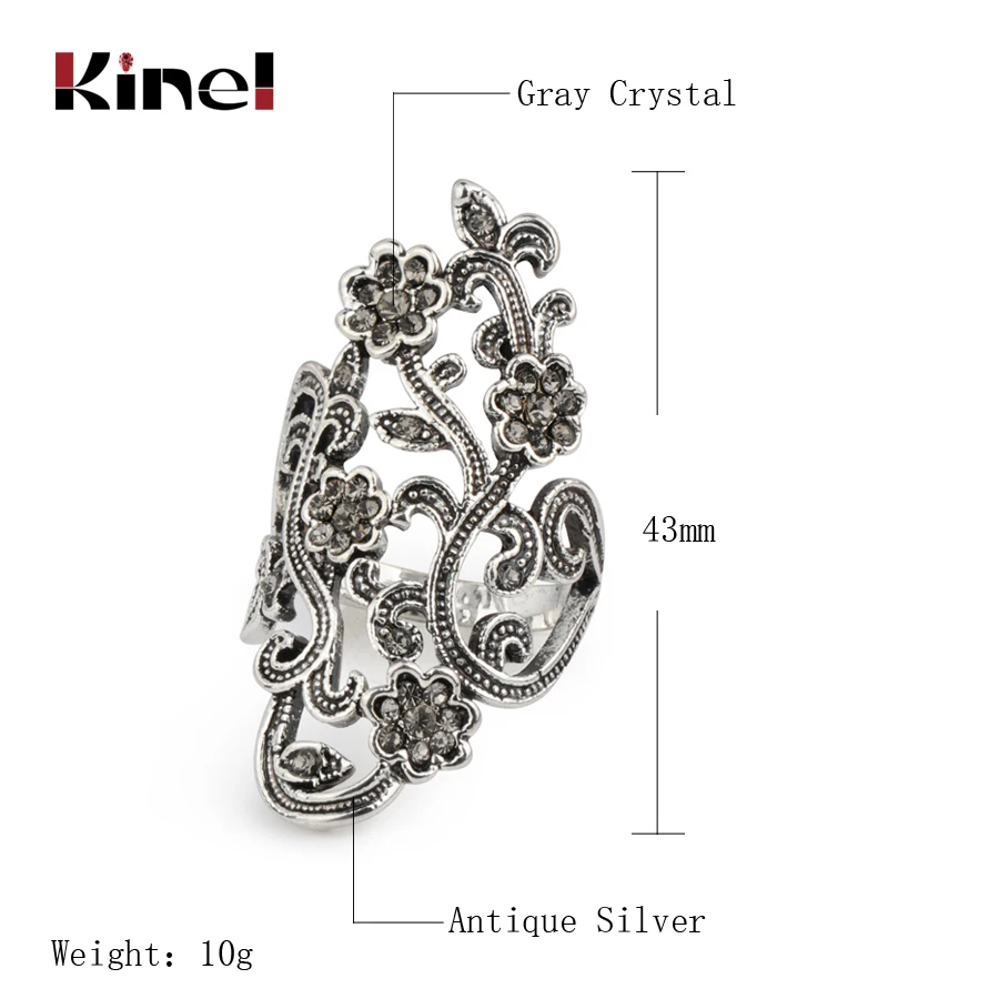 Kinel-Anillo de flores de cristal de plata tibetana antigua para mujer, joyería Vintage, anillo grande de cristal gris, accesorios de fiesta