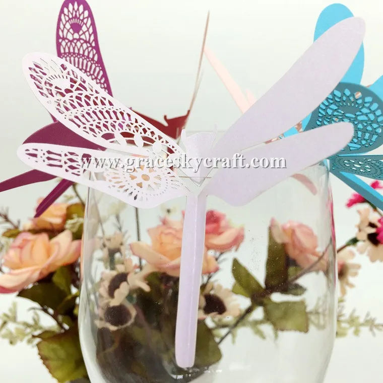 30pcs Free Shipping laser Cut wedding party Place name seat  Invitations Cup Cards dragonfly design for Wine Glasshome supplies