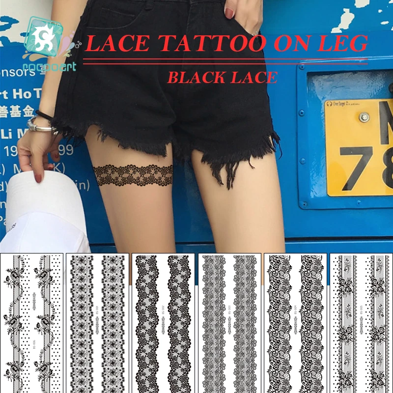 

Rocooart New Trendy Black Temporary Arabic Tattoo Lace On Leg henna Tattoo Sticker Chain Sexy Body Art Fake tattoo Women