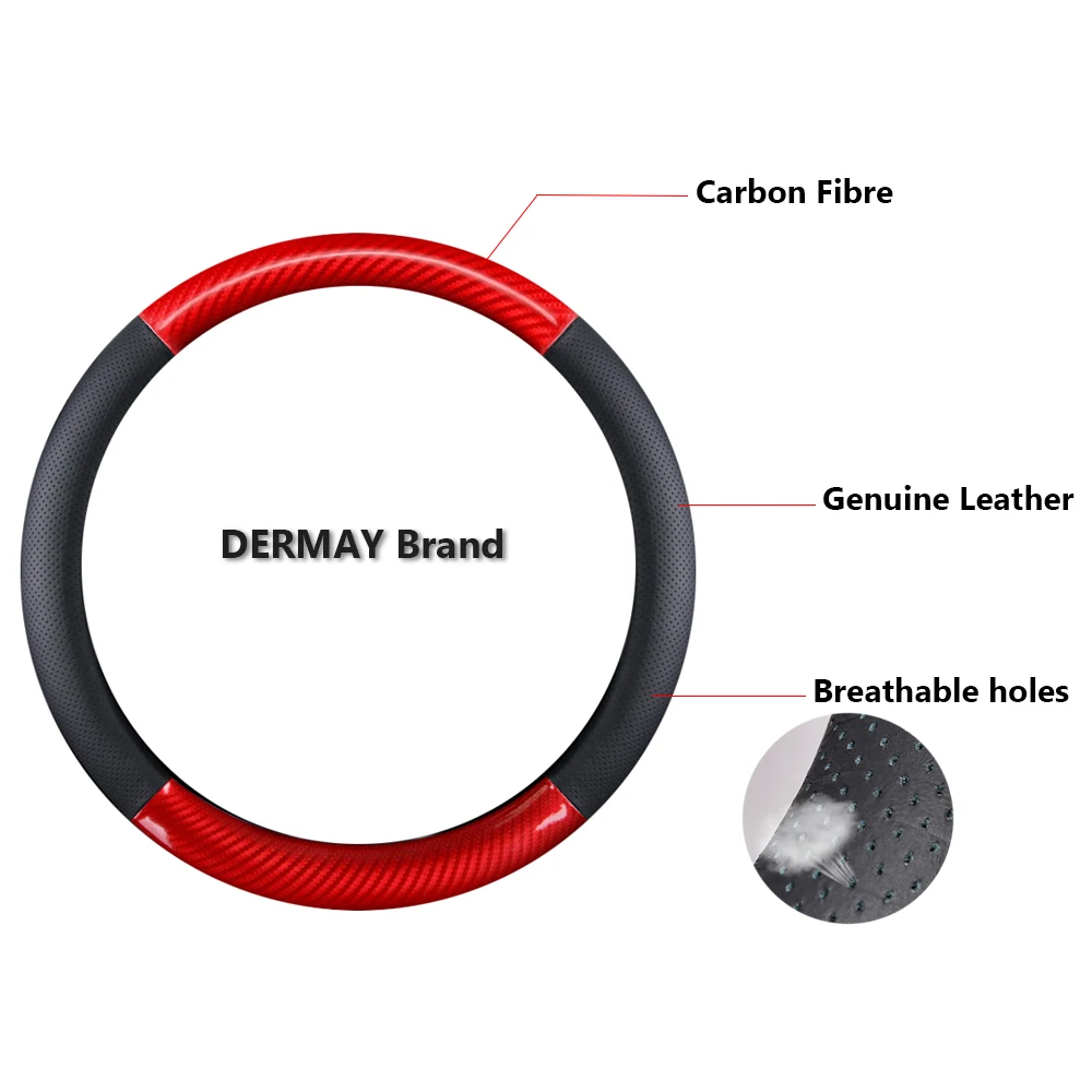 DERMAY Luxury Car Steering Wheel Cover Genuine Leather+Carbon Fibre M Size Fit Out Diameter 37-38CM Steering Wheel Free Shipping