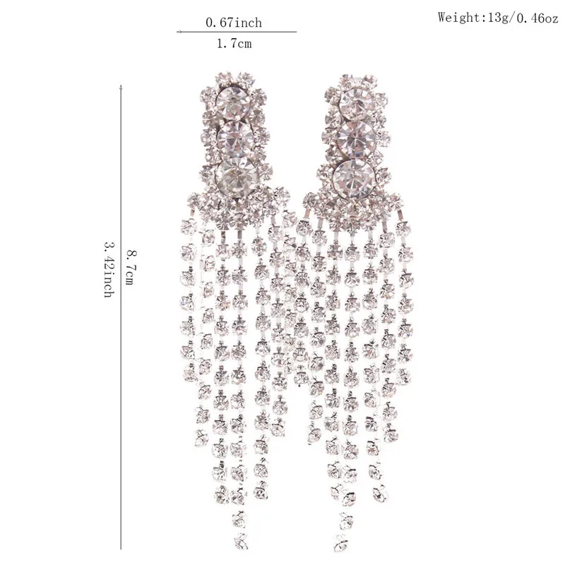 New Design Bridal Silver Plated Rhinestone 3 round Chandelier Shape Long Tassel Clip on Earrings Without Piercing for Women