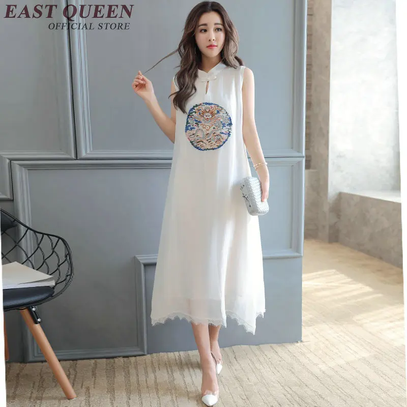 Chinese oriental dresses mandarin collar sleeveless long linen dresses summer elegant ladies white cotton sundress NN0694 HQ