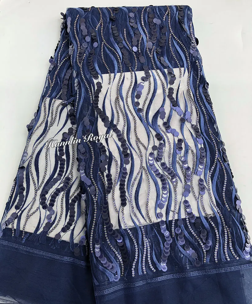 

5 yards plain Navy Blue Embroidery African French Lace Shining Garment Sewing Fabric with different size Sequins High Quality