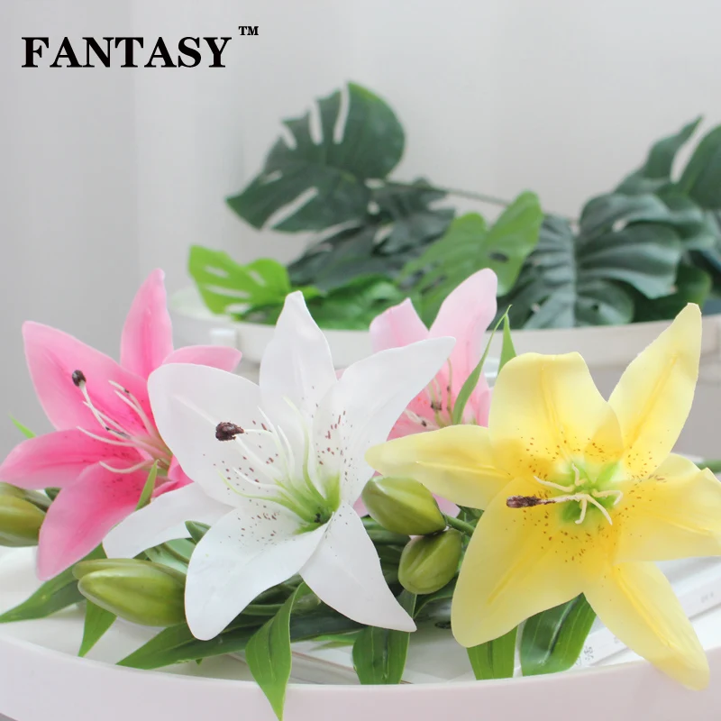 Yellow Lilies Artificial Flowers Real Touch White Flower Decoration Wedding Fake Lily Branch 4 Heads Red Marriage Wreath