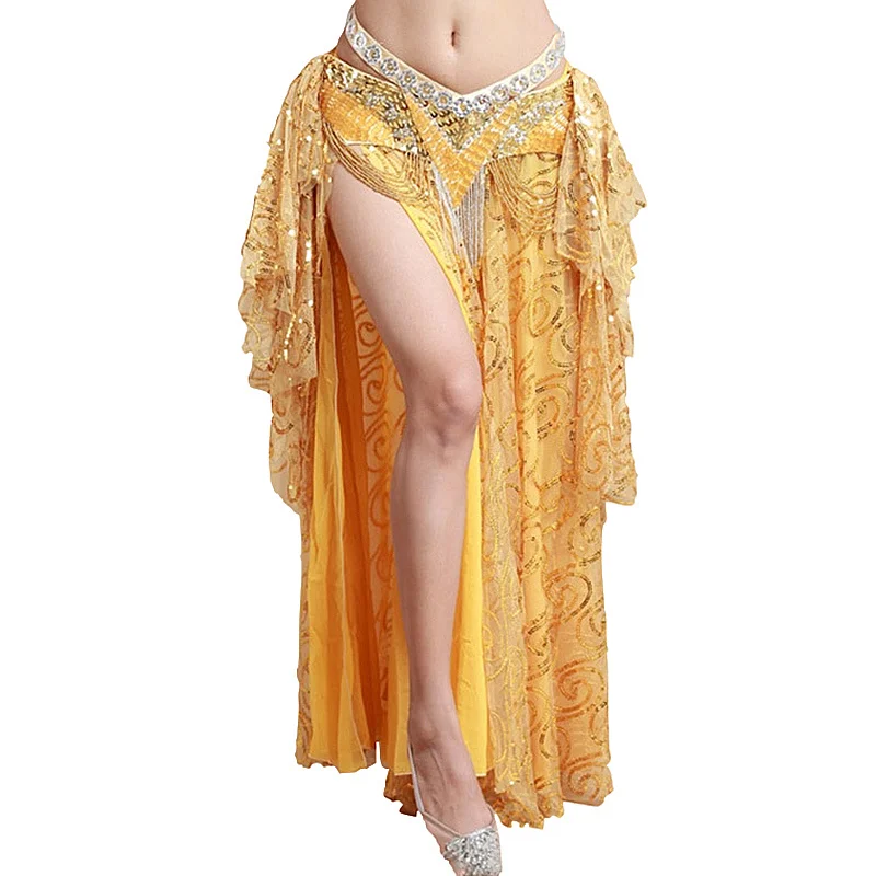 Women Belly Dance Clothes Full Circle Maxi Skirt Side Split Long Skirt Girls Belly Dance Skirts Sequins (without belt)