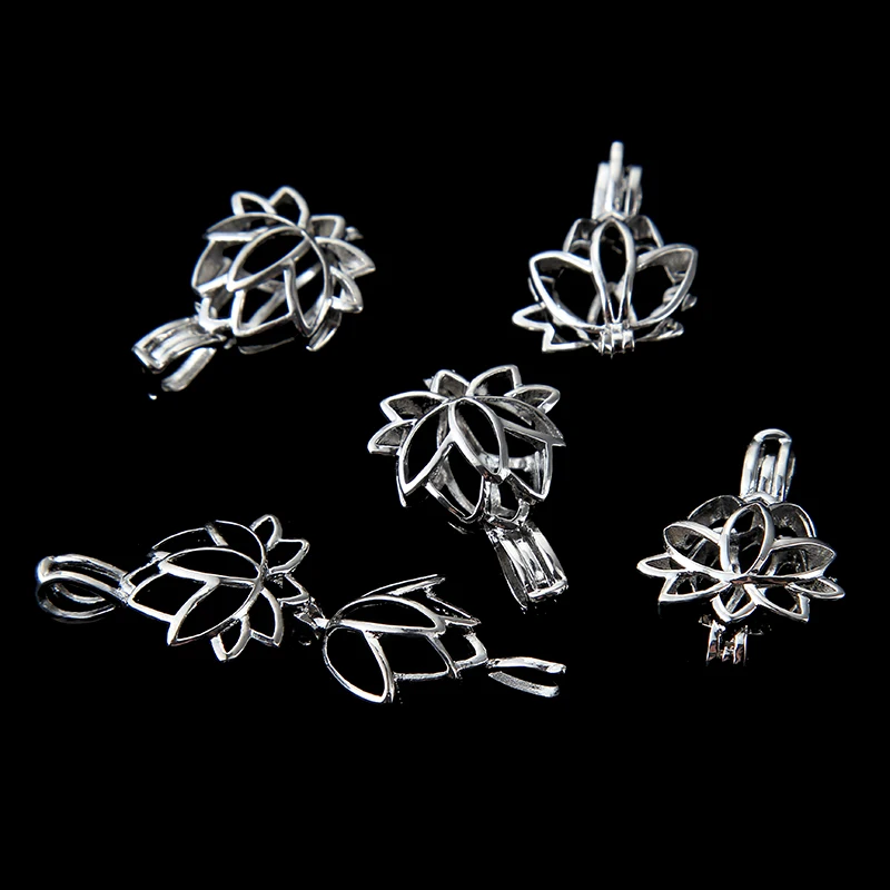 5pcs Silver color Lotus Flower Pearl Beads Cage Charms Locket Essential Oil Diffuser Jewelry Wholesale Copper OM OHM AUM Pendant