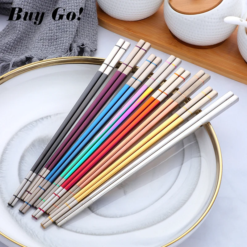 1 Pair 304 Stainless Steel Chinese Square  Chopsticks Non-Slip Reusable Metal Chopstick for Sushi Hashi Food Sticks Kitchen Tool