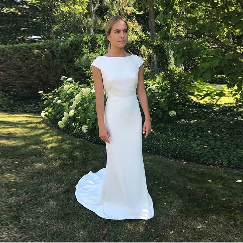 2019 New Simple Wedding Dresses Scoop Neck White Ivory Satin Bridal Gowns Elegant Cap Sleeves vestido de novia Bridal Dresses