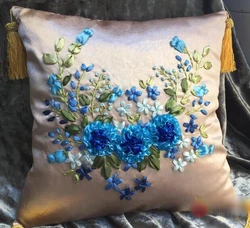 1pcs 40x40cm blue red flower Ribbon embroidery kit cushion pillow cover set handcraft DIY handmade needlework art home decor