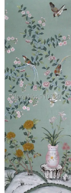 

Home decoration wall material Hand-painted silk wallpaper painting flowers with birds and vase many pictures optional