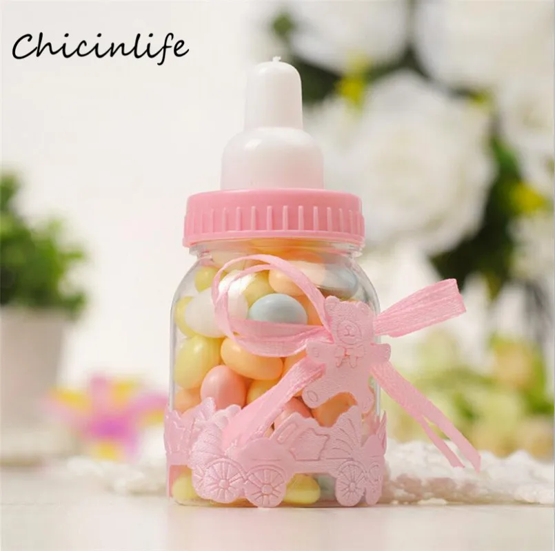 Chicinlife 6pcs Pink Blue Baby Shower Baptism Candy Box Bottle Candy Bottle Christening Birthday Gift Favors Gender Reveal