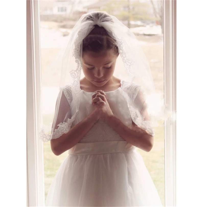 Ishsy Bruiloft Bloem Meisjes Eerste Communie Veils Kinderen Kids Applique Edge Tulle Veil Voile Fille Mariage Velo De Novia