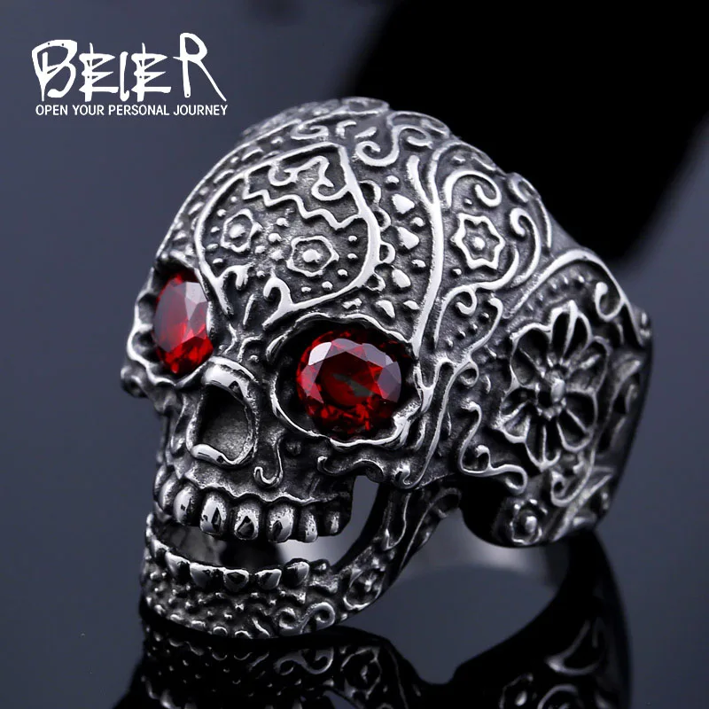 Beier 316L stainless steel ring hot sale punk biker skull man Classic Garden Flower Skull ring fashion jewelry LLBR8-430R