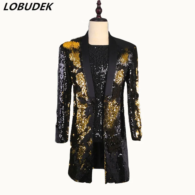 Plus Size S-3XL Men Golden Black Sequins Mid-length Blazer Flipping Sequin Long Coat Bar Nightclub DJ Singer Host Stage Costume