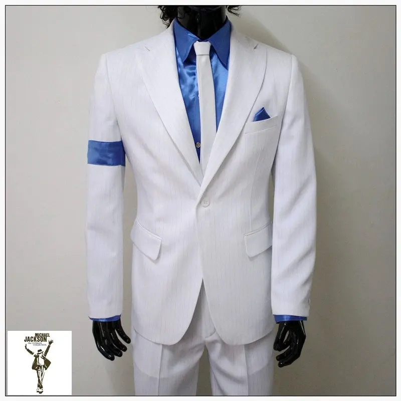 RARE Fashion MJ Michael Jackson SC BAD Smooth Criminal White Stripe Suit Full Set OutFit Men Kid Halloween Clothing1990s