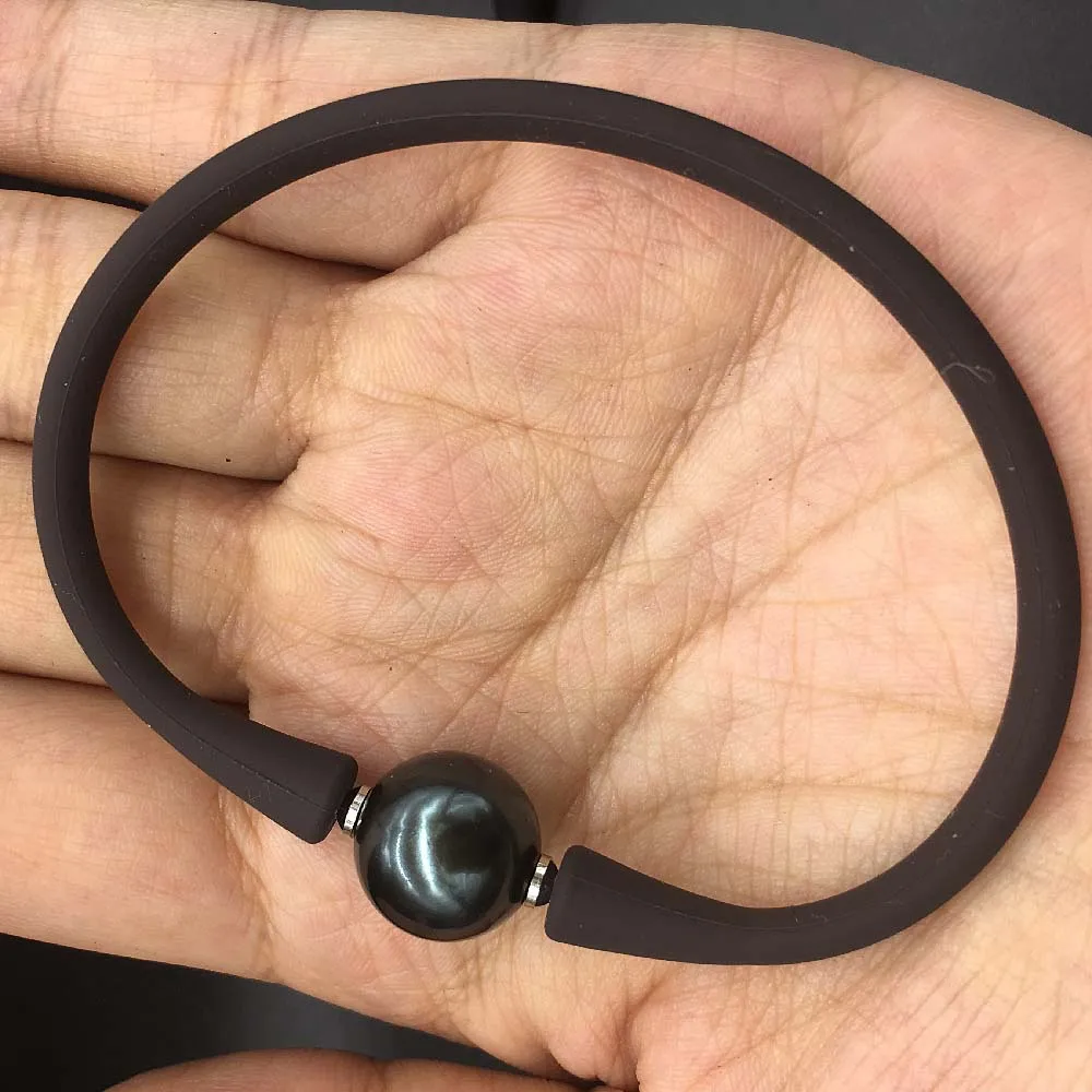 Round Big Tahiti Black Sea Shell Pearl  One Pearl Bracelet Unisex Silicon Rubber Stainless Steel Post Adjustable More Color