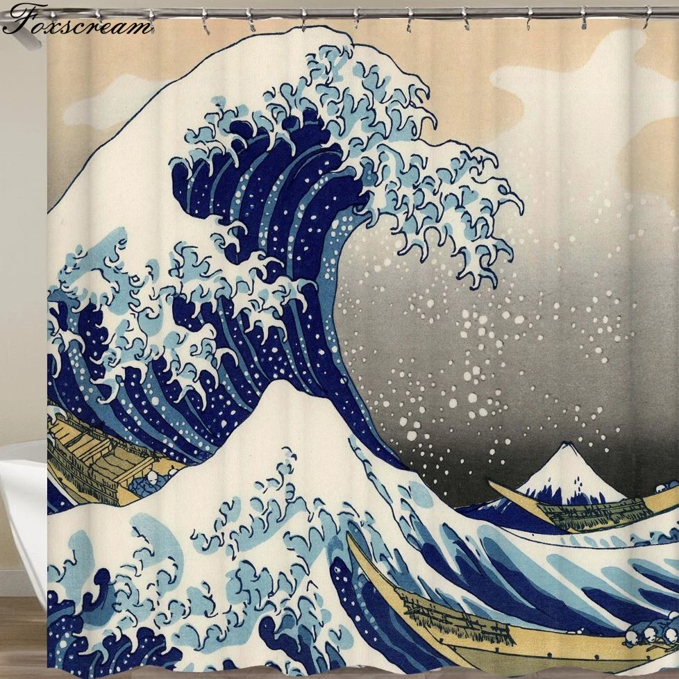 Japanese Bath shower curtain The Great Wave off Kanagawa Shower Curtain with Sea Wave Pattern Waterproof Bathroom Or Mat