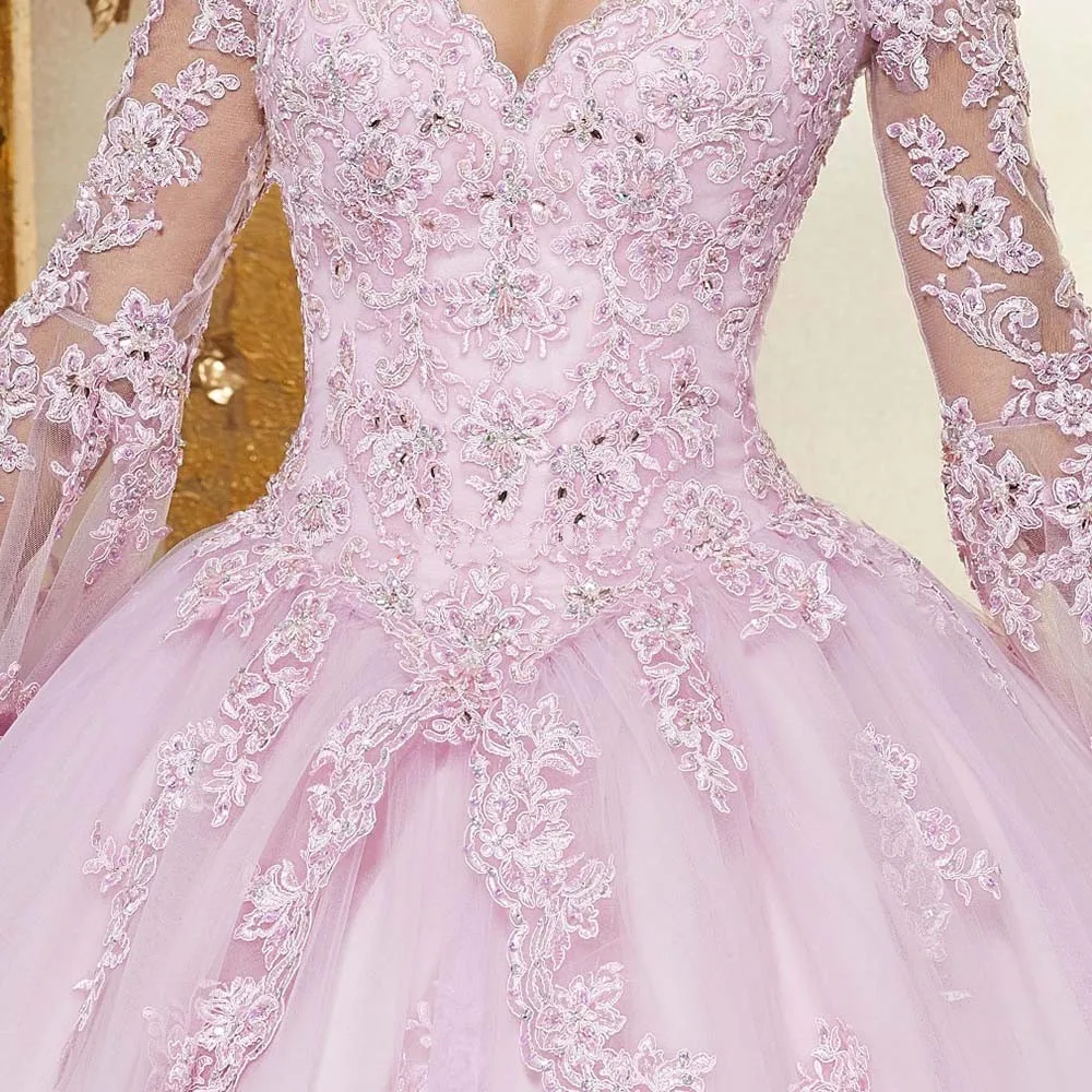 JaneVini 2019 Elegante Ballkleid Rosa Quinceanera Kleider Puffy Lange Hülse Appliques Perlen Prinzessin Prom Kleider Vestidos 15 Anos