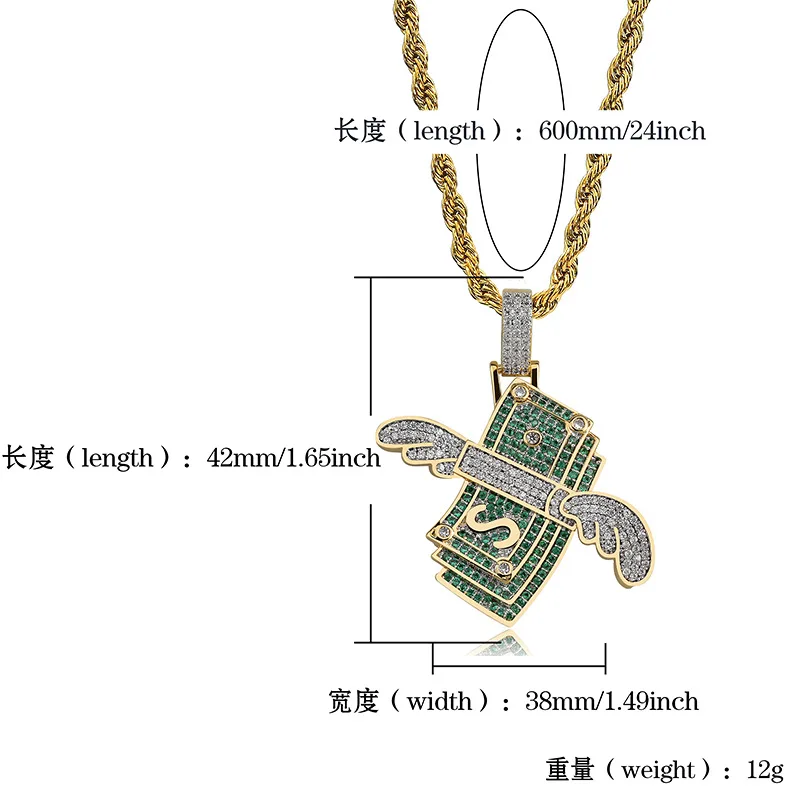 Hip Hop Green CZ Cubic Zirconia Pave Bling Ice Out Flying Dollar Money Pendants Necklace for Men Rapper Jewelry Drop Shipping