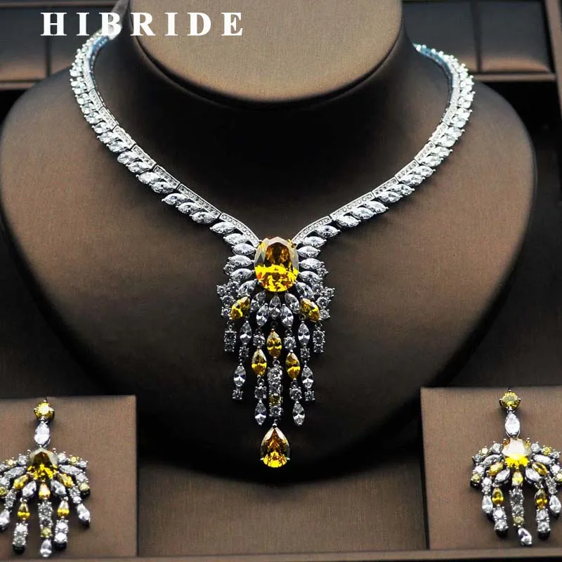 

HIBRIDE High Quality Big Flower Shape Women Bridal Jewelry Set Yellow Rhinestone Necklace Set For Female Gifts N-279