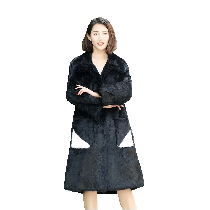 

Lady Real Wholeskin Rabbit Fur Coat Jacket Turn Down Collar 100CM Length Winter Genuine Women X-Long Trench Outerwear LF4282