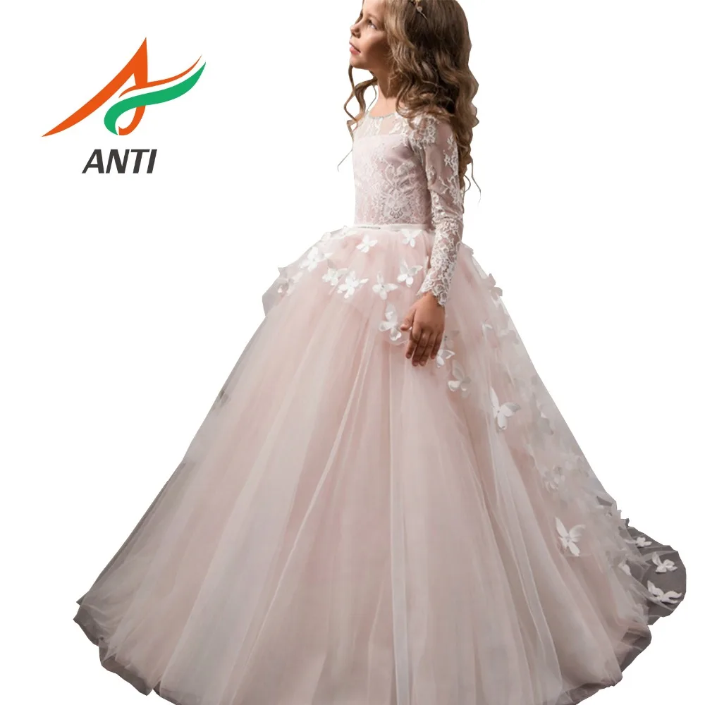 ANTI Pink High Quality Appliques Flower Scoop Elegant Tulle Girls Ball Gown With Sashes Full sleeve Girls Party Long Dress TR006