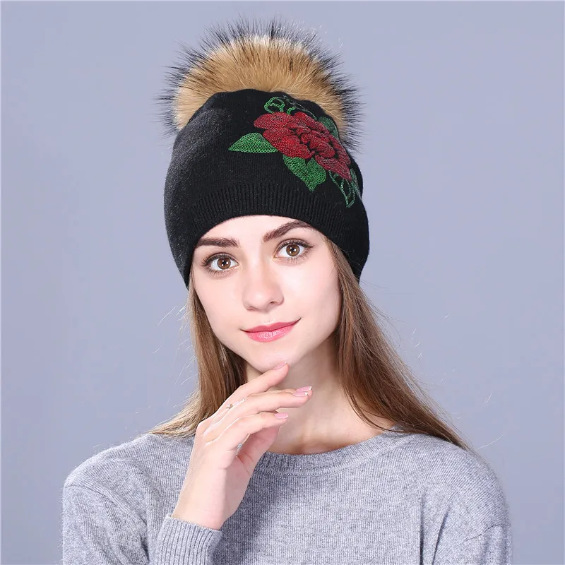 Xthree Female winter hat knitted beanie hat for women Sequins embroidery real fur pom pom wool hat Skullie girls gorro cap