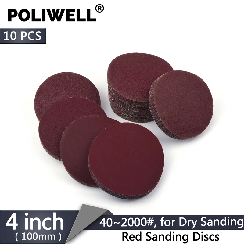 

POLIWELL 10PCS 4 Inch 100mm Red Dry Sanding Discs Sandpaper Grit 40~2000 Flocking Back Sanding Paper Auto Furniture Polishing