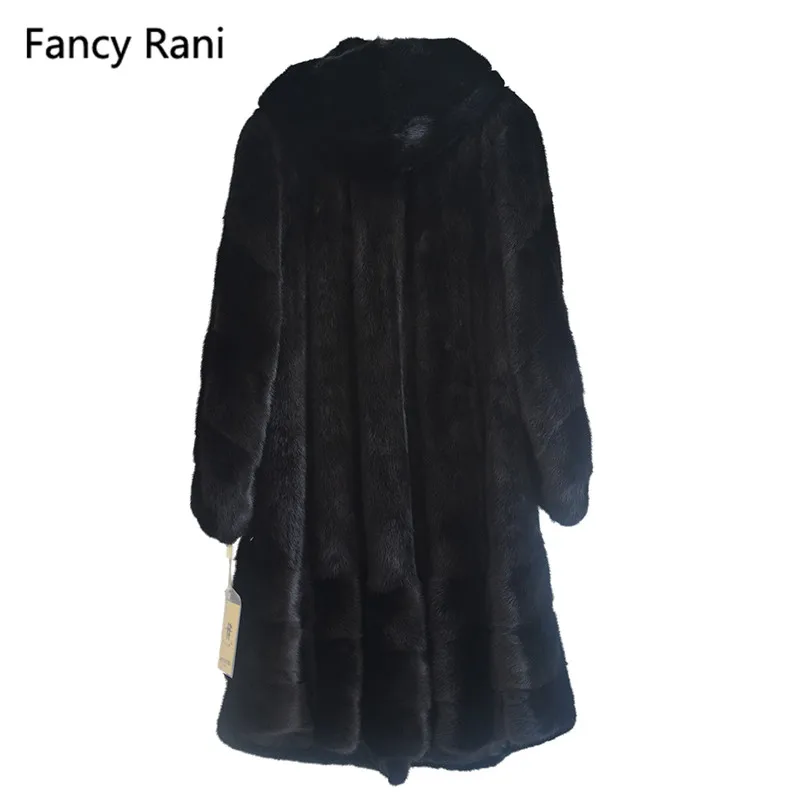 Fancy Rani New Luxury Real Mink Fur Coat Hooded Long Natural Russian Genuine Women Black Coats with Fur Hood