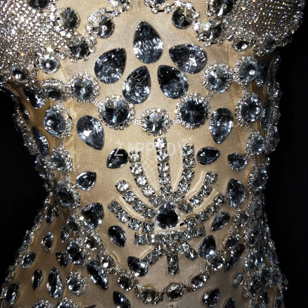 Sparkly Silver Big Rhinestones Bodysuit Birthday Celebrate Evening Party Outfit Female Singer Show Nightclub Crystals Costume