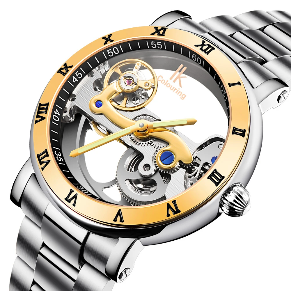 IK Coloring Original Men\'s Mechanical Bridge Skeleton Watch Stainless Steel Male Clock Automatic Relogio Masculino