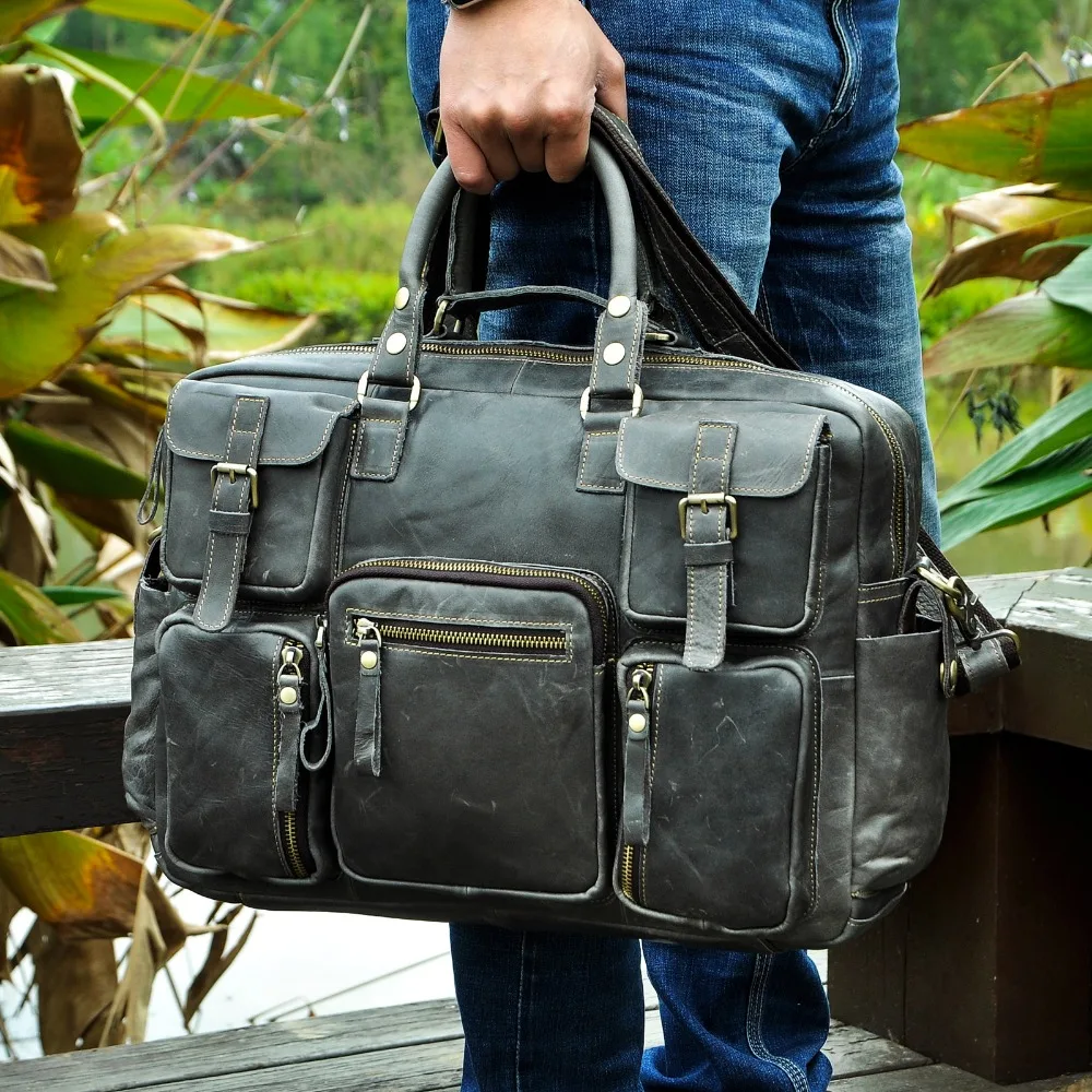 Men Real Leather Antique Large Capacity Travel Briefcase Business 15.6\