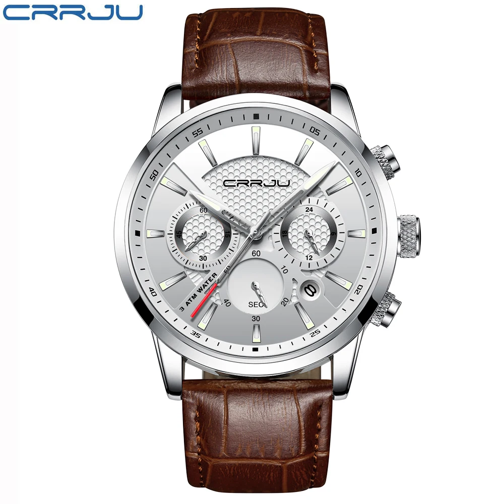 CRRJU-Reloj analógico con correa de cuero para hombre, accesorio de pulsera de cuarzo resistente al agua con cronógrafo, complemento deportivo