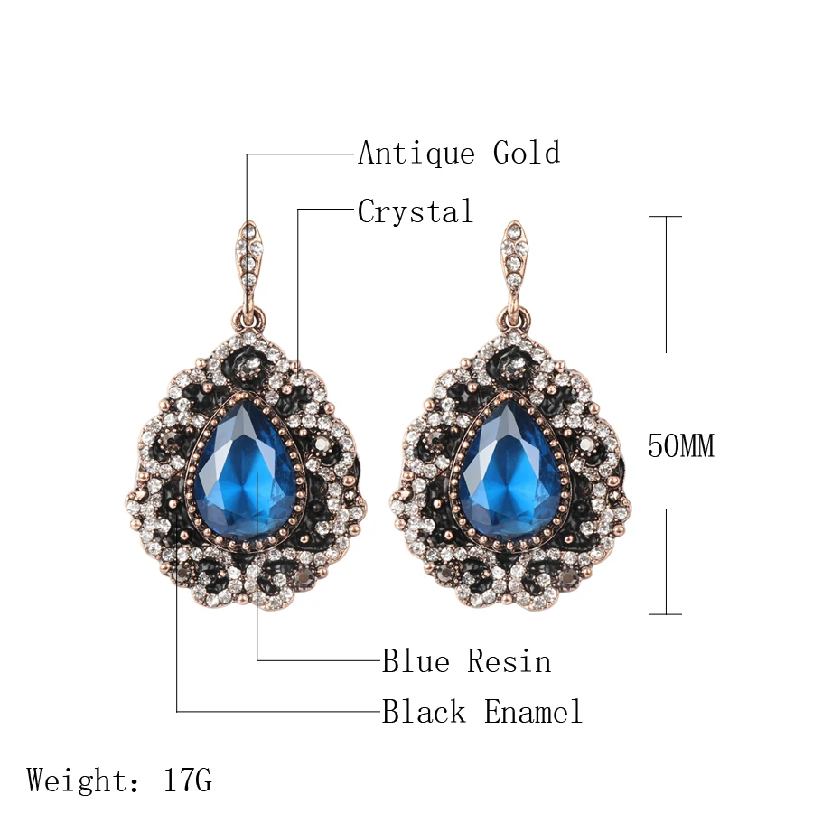 Fashion Bohemian Earrings For Women Black Enamel Crystal Blue Red Stone Drop Earings Vintage Antique Gold Wedding Jewelry