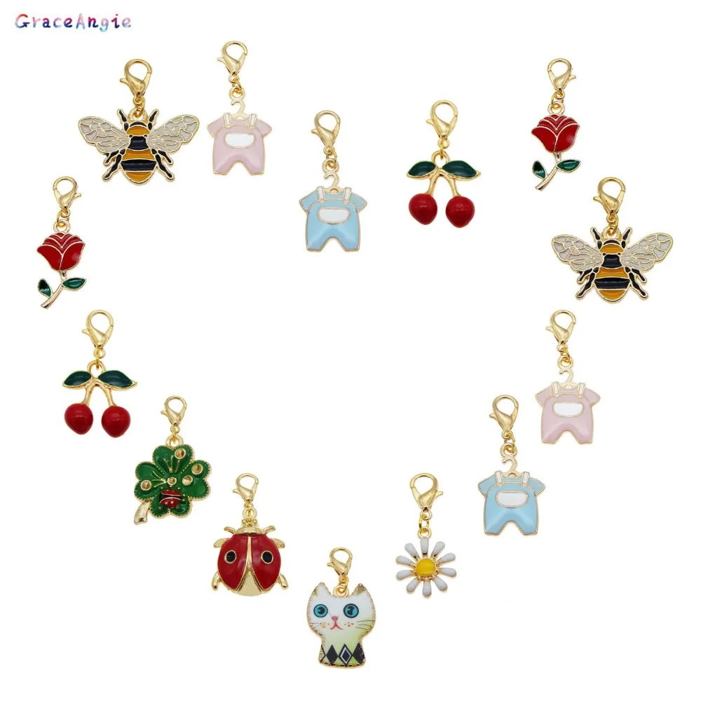 9pcs Dangle Charms Pendant with Lobster Clasp Enamel Cat Rose Bee Ladybug Daisy Cherry DIY Keychain Earrings Jewelry Making