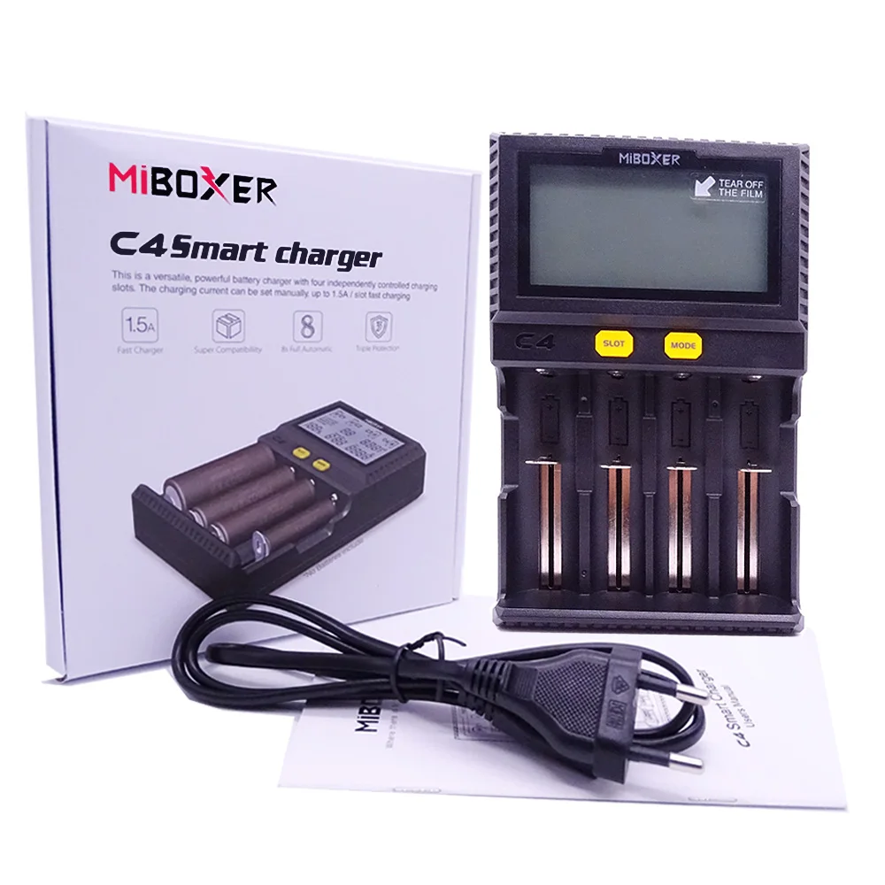 Miboxer C4 V4 LCD Smart Battery Charger for Li-ion IMR ICR LiFePO4 18650 14500 26650 21700 AAA 100 800mAh 1.5A discharge C8