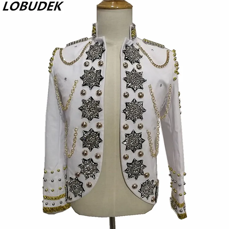 

Men White Beading Chain Jacket Sparkly Rhinestones Rivet Coat Punk Singer Nightclub Rock Costume Star Concert Performance Coats