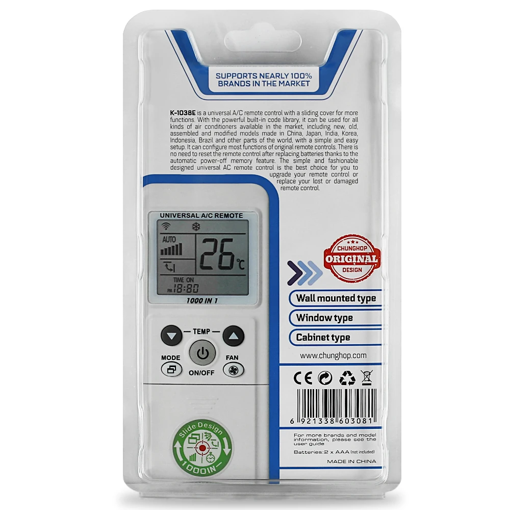 1000 في 1 جهاز تحكم عن بعد عالمي لتكييف الهواء توشيبا دايكن شيجو شارب K-1038E وظيفة تبريد الحرارة
