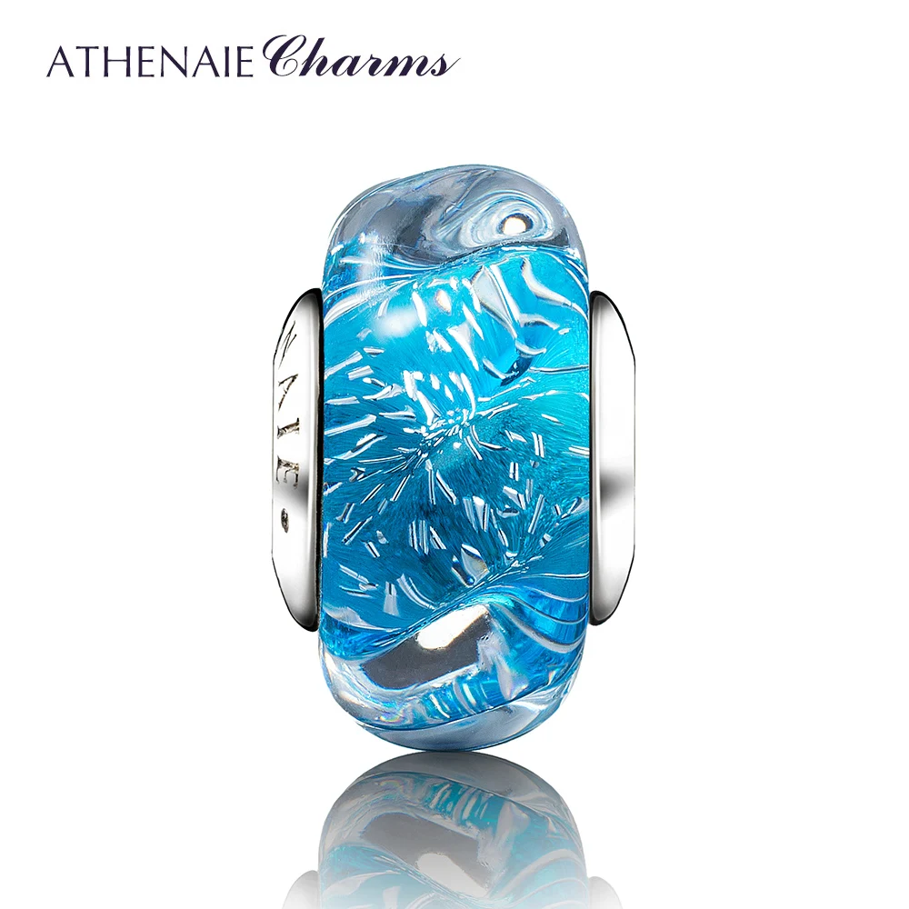 ATHENAIE Blue Murano Glass Beads 925 Sterling Silver  Glittering Ocean Wave Charms Beads Fit Women Charm Bracelets DIY Jewelry