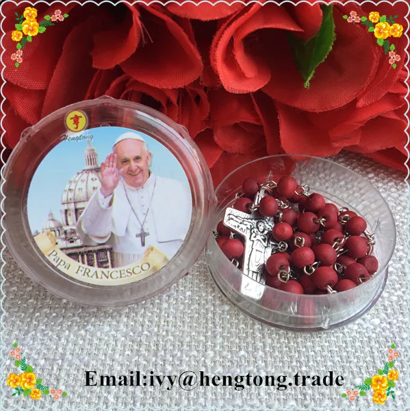 Free shipping perfumer rose scent red beads catholic rosary necklace, religious rosary with cross pope center&plastic saint case