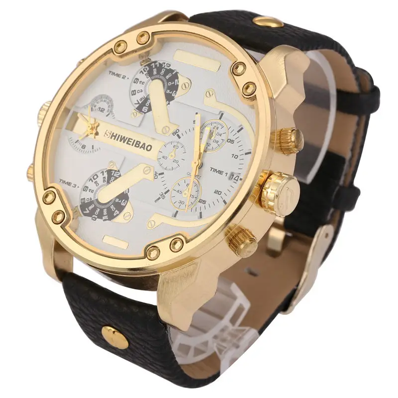 Brand Shiweibao Quartz Watches Men Fashion Watch Leather Strap Golden Case Relogio Masculino Dual Time Zones Military Wristwatch