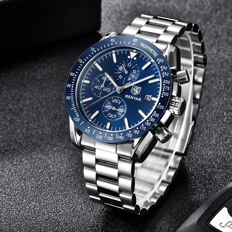 BENYAR 2024 New Luxury Quartz Watch For Men Unique Design Waterproof Shockproof Stainless Steel Strap Watch Sports Chronograph