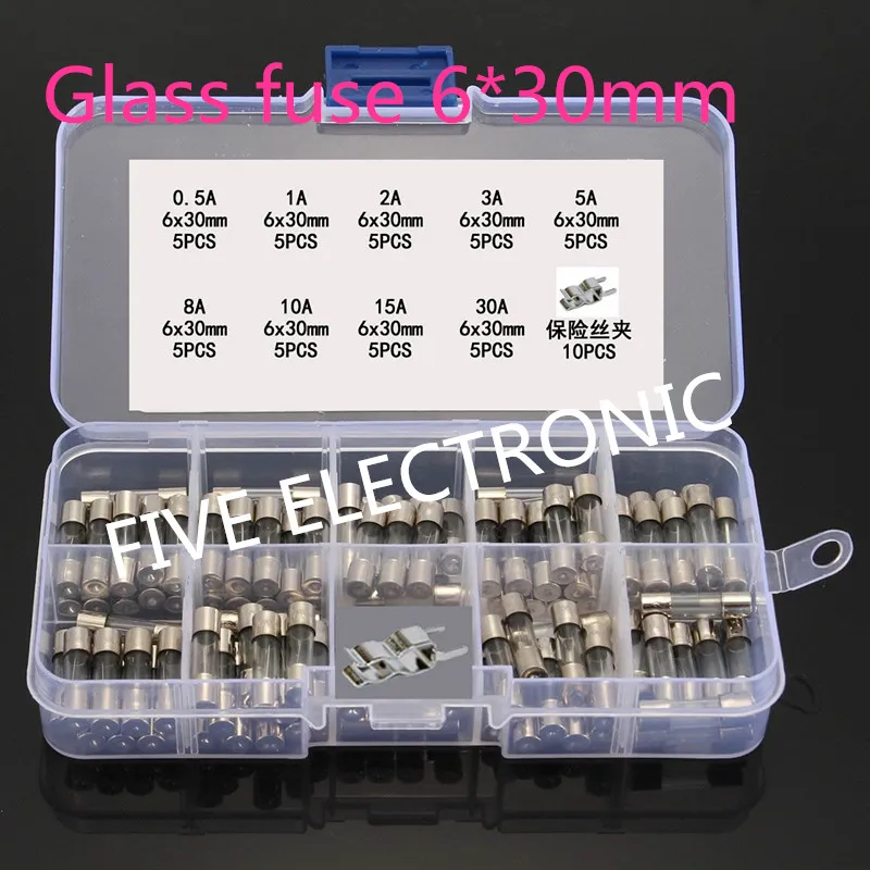 

Mix Glass fuse 6*30mm 250V 0.5~30A glass tube fuse 6x30MM 45pcs/lot with 10pcs Free clips