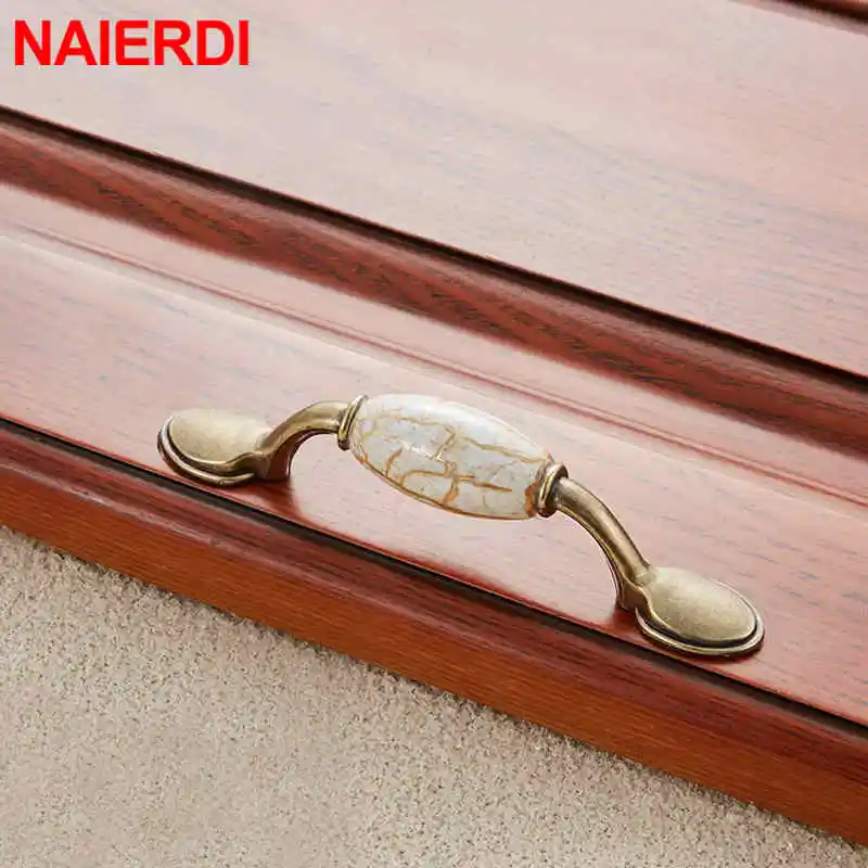 NAIERDI Antique Bronze Ceramic Cabinet Handles Zinc Alloy Drawer Knobs Wardrobe Door Handles Morning Glory European Handle