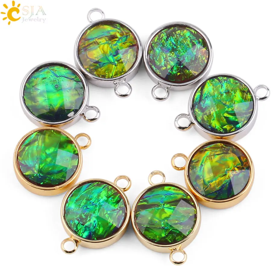 CSJA 1pc Ammolite Connector Silver Color Round Charms for DIY Making Bracelet Necklace Earrings Accessories Crafts Jewelry G090