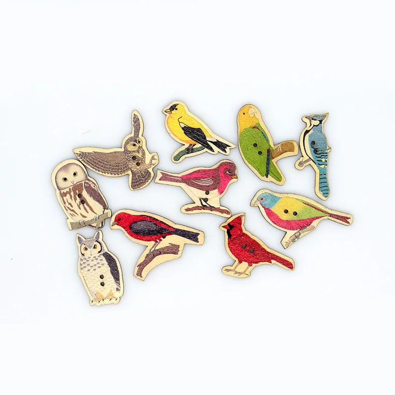 50Pcs  40*20mm Multicolor Cute Birds Botones Knopf 2 Holes Printing Wooden Buttons Scrapbooking Sewing Accessories