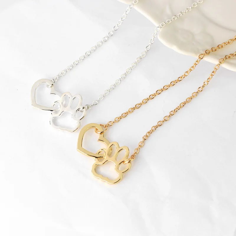 ZRM Fashion Hollow Pet Paw Footprint Necklace Shellhard Cute Animal Dog Cat Love Heart Pendant Necklace Jewelry For Women Girls