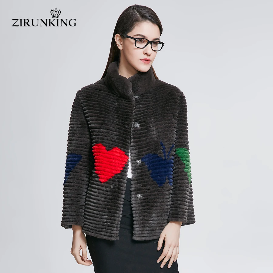 ZIRUNKING Real Fur Coats Women Natural Rex Rabbit Fur Jacket Autumn Warm Knitted Stripe Clothing Lady  Fashion Outerwear ZC1804