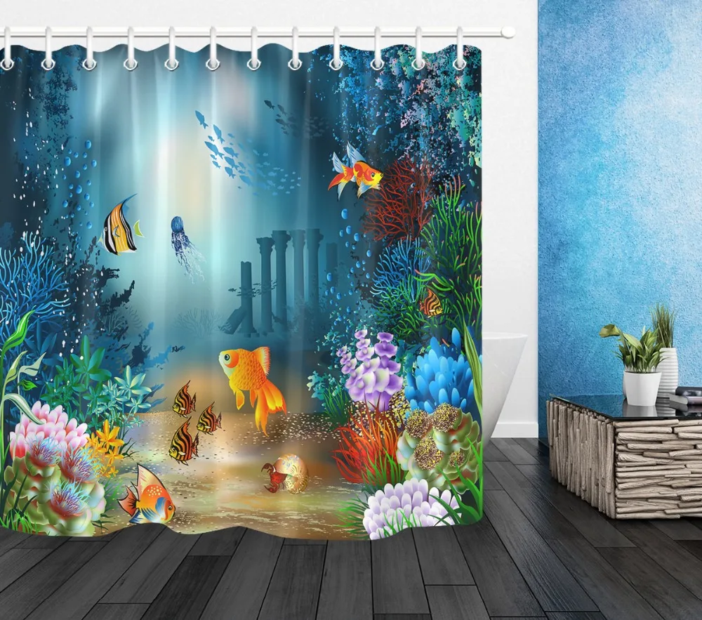 3D Seas And Oceans Fish And Coral Extra Long Underwater Shower Curtain Mat Set Waterproof Bathroom Fabric For Bathtub Decor